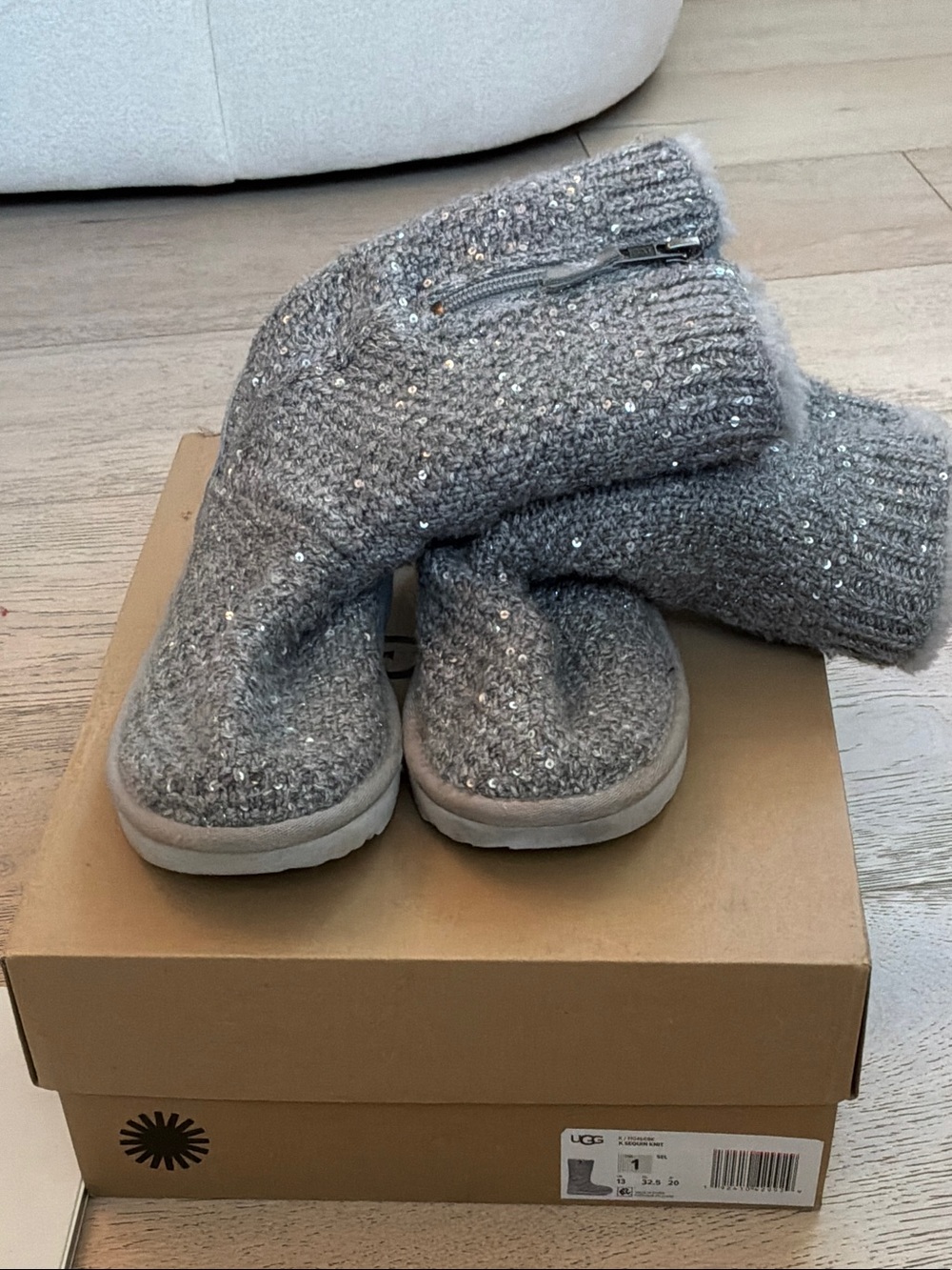 UGG Silver Gray Sequin Knit Boot Slippers